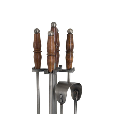 Hand Turned Fire Companion Set In Antique Pewter With Wooden Handles Adeum