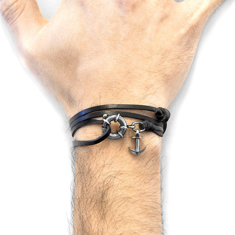 Clyde Anchor Silver and Flat Leather Bracelet Adeum