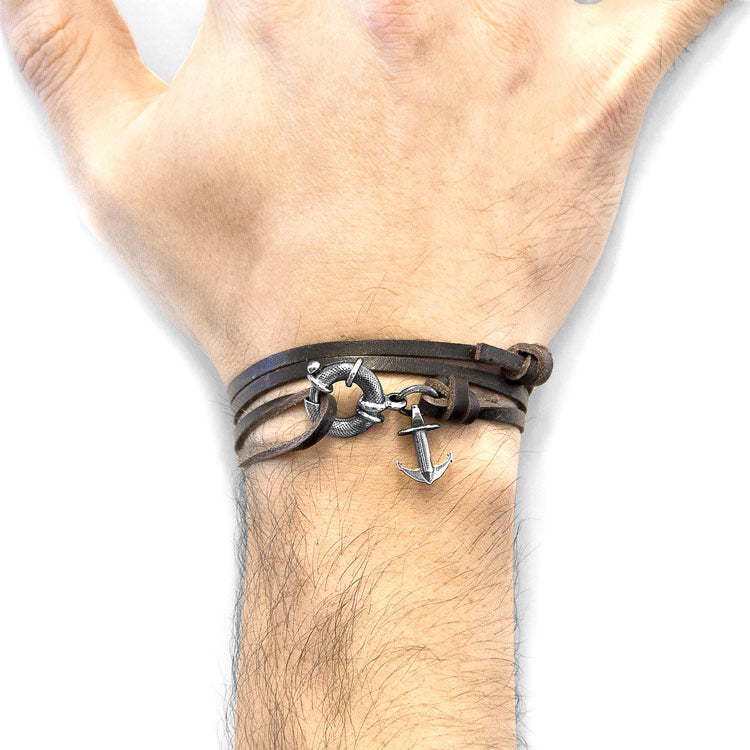 Clyde Anchor Silver and Flat Leather Bracelet Adeum