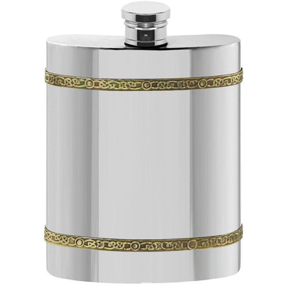 6OZ Round Pewter Hip Flask with Brass Celtic Knot Bands Adeum