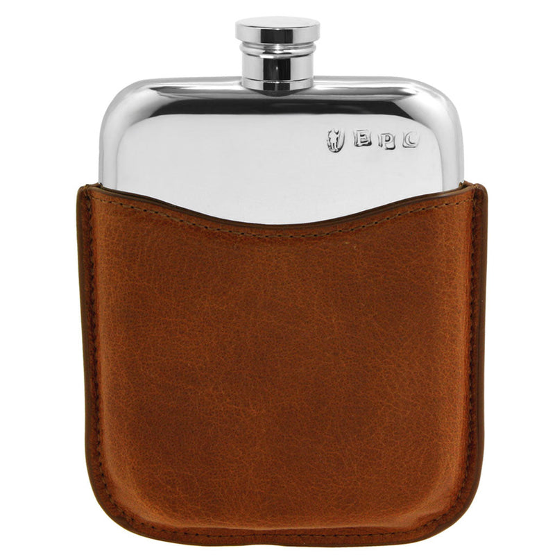 6OZ Pewter Hip Flask with Tan Leather Pouch Adeum