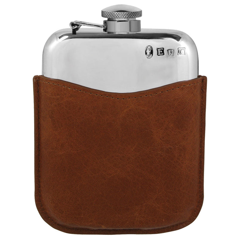 6OZ Pewter Hip Flask with Hinged Top and Tan Leather Pouch Adeum