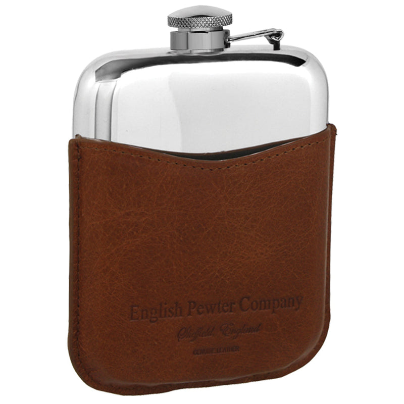 6OZ Pewter Hip Flask with Hinged Top and Tan Leather Pouch Adeum