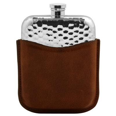 6OZ Hammered Pewter Hip Flask with Tan Leather Pouch Adeum