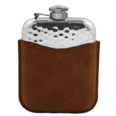 6OZ Hammered Pewter Hip Flask with Hinged Top and Tan Leather Pouch Adeum