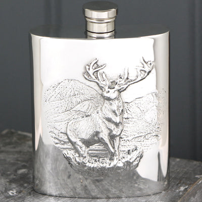 6OZ Pewter Hip Flask with Embossed Highland Stag Design Adeum