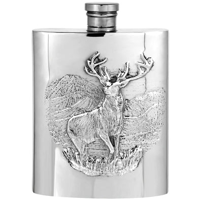 6OZ Pewter Hip Flask with Embossed Highland Stag Design Adeum